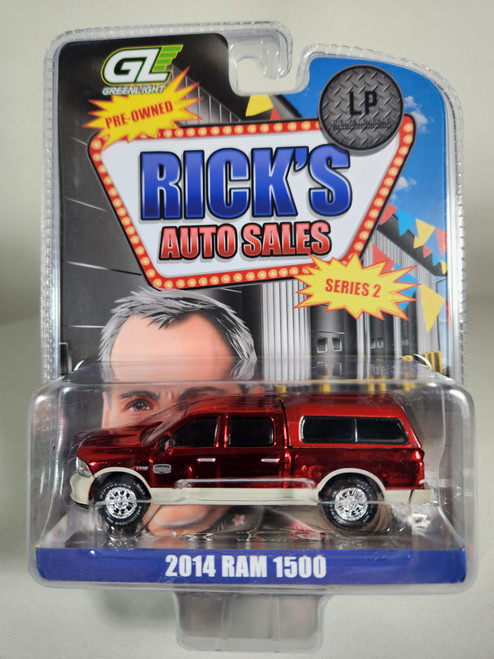 1:64 2014 Ram 1500 Laramie Longhorn with Topper, Red Chrome Chase Edition, Rick's Auto Sales Series 2, LP Diecast Garage Exclusive by GreenLight