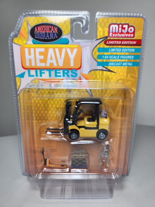 1:64 Heavy Lifters Forklift, Driver Figure, Pallet Jack, and Crate Pallet Load, M&J Exclusive by American Diorama