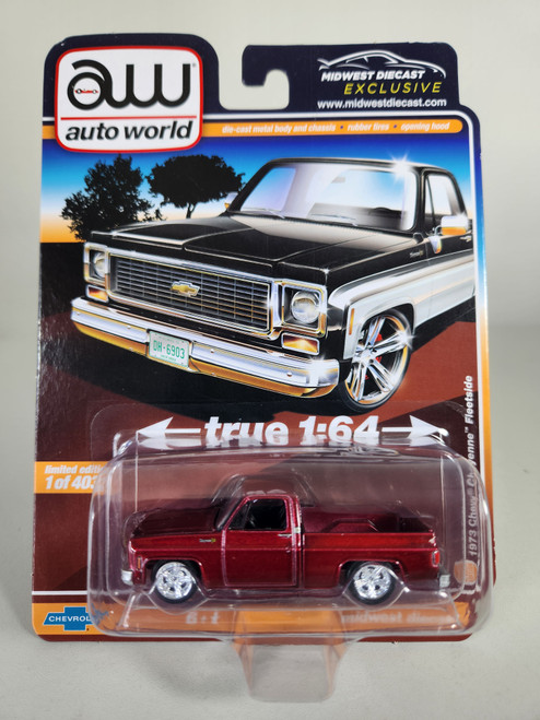 1:64 1973 Chevrolet Cheyenne Fleetside, Red Chase Edition, Midwest Diecast Exclusive by Auto World