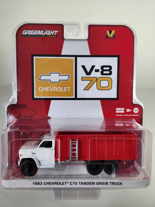 1:64 1983 Chevrolet C70 Tandem Grain Truck, White Cab and Red Grain Box, B&B Exclusive by GreenLight