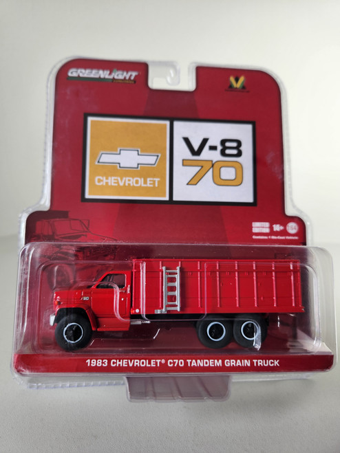 1:64 1983 Chevrolet C70 Tandem Axle Grain Truck, Red Cab, Red Grain Box, B&B Exclusive by GreenLight