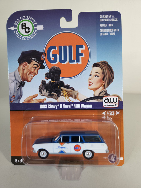 1:64 1963 Chevy II Nova 400 Wagon, Blue/White, Gulf, Big Country Collectibles by Auto World