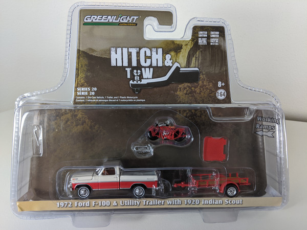 1:64 Hitch & Tow Series 20 - 1972 Ford F-100 and Utility Trailer with 1920 Indian Scout Motorcycle