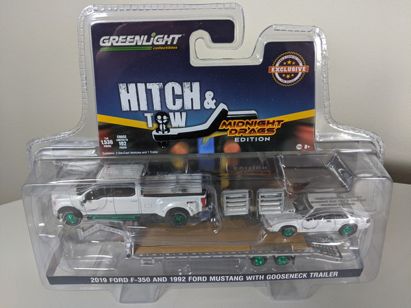 1:64 2019 Ford F-350 Platinum and 1992 Fox Body Drag Mustang – White Platinum Pearl Metallic with Silver Gooseneck Trailer - LBE & TCT Exclusive - Green Machine