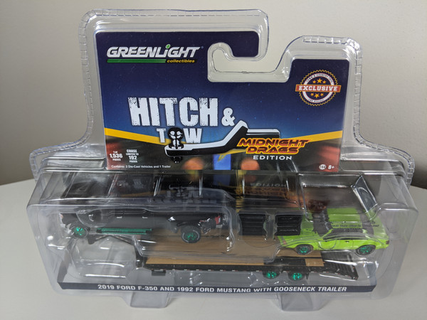 1:64 2019 Ford F-350 Platinum and 1992 Fox Body Drag Mustang – Lime Green with Gooseneck Trailer - LBE & TCT Exclusive - Green Machine