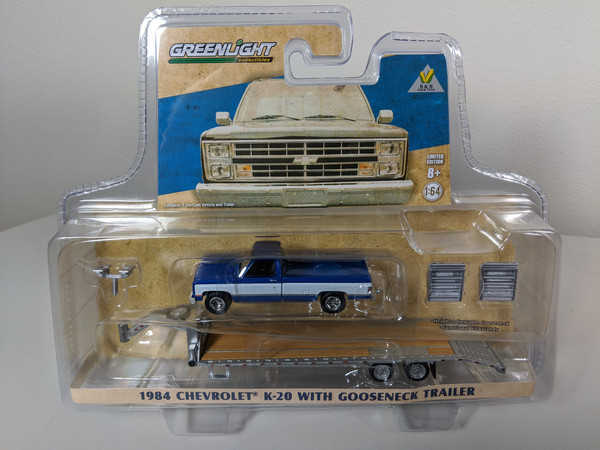 1:64 1984 Chevrolet K-20 Square Body Blue & White with Gooseneck Trailer, B&B H&T Exclusive