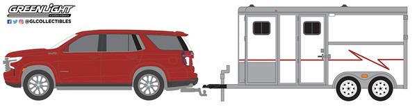 1:64 Hitch & Tow Series 23 - 2021 Chevrolet Tahoe in Cherry Red Tintcoat with Horse Trailer