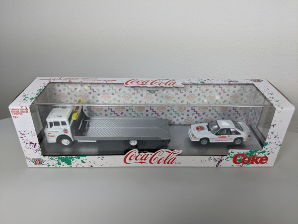 1:64 1990 Ford C-8000 & 1990 Ford Fox Body Mustang GT w/Coca-Cola Graphics Auto Hauler by M2