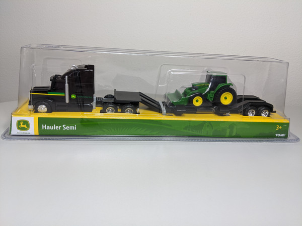 1:64 John Deere Black Lowboy Hauler Semi with JD Tractor & Loader by Ertl