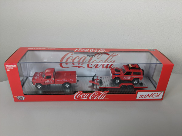 1:64 1972 Ford F-250 4x4 Explorer Pickup & 1966 Ford Bronco with Coca-Cola Graphics Auto Hauler by M2