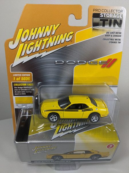 1:64 2010 Dodge Challenger R/T Detonator Yellow, and Storage Tin by Johnny Lightning