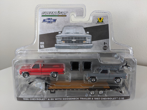 1:64 1986 Chevrolet K-30 Square Body, Red with Black Gooseneck Trailer and 1983 Chevrolet C-10, B&B H&T Plus Exclusive