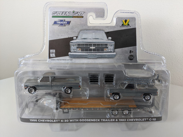 1:64 1986 Chevrolet K-30 Square Body with Gooseneck Trailer and 1983 Chevrolet C-10, B&B H&T Plus Exclusive Chase Raw Metal Green Machine