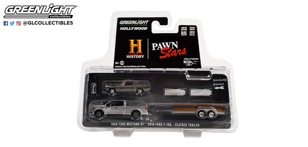 1:64 Hollywood Hitch & Tow Series 10 - Pawn Stars (2009-Current TV Series) - 2015 Ford F-150 with Unrestored 1968 Ford Mustang GT Fastback on Flatbed Trailer
