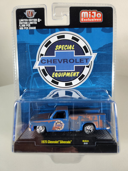 1:64 1975 Chevrolet Silverado, Blue/Rust Primer (Dirty) with Service Bed Special Equipment Lowered Square Body Dually M&J Exclusive by M2