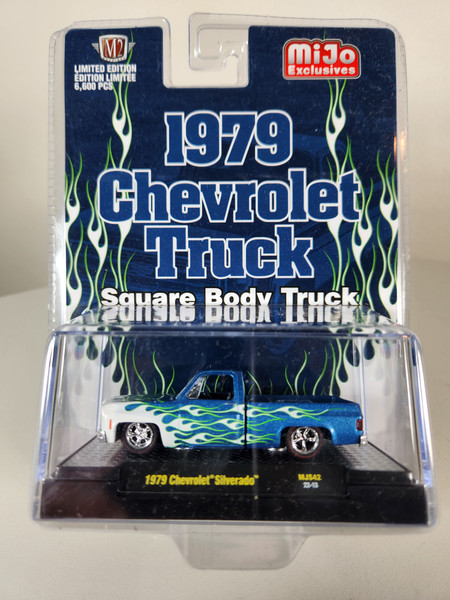 1:64 1979 Chevrolet Silverado with Blue/White/Flames Lowered Square Body Truck, M&J Exclusive by M2