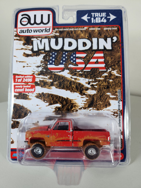 1:64 1983 Chevrolet Silverado K10 Fleetside, Muddin', Lifted, Red, Muddy, Surplusgoodies Exclusive by Auto World