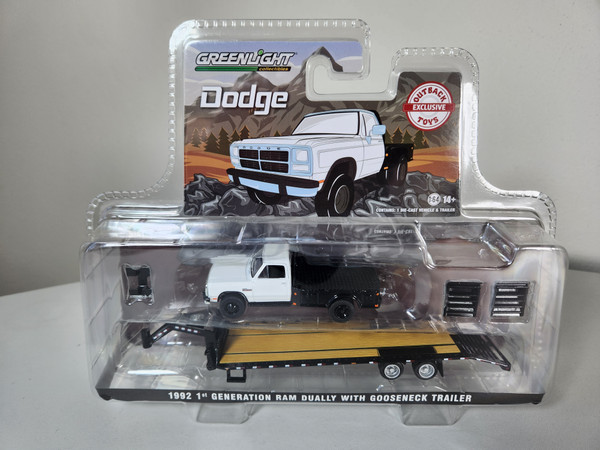 1:64 1992 1st Generation Dodge Ram Dually, White with Black Flatbed & Gooseneck Trailer, Outback Toys Exclusive by GreenLight