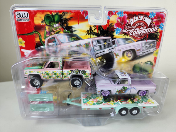 1:64 1983 Chevrolet Silverado 4x4 Lifted and 1983 Silverado Lowrider, Lavendar  with Green Trailer, Rat Fink, NV Diecast Super Con Exclusive by Auto World