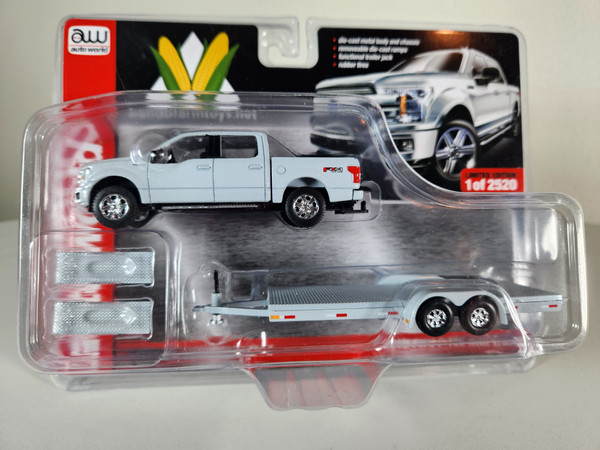 1:64 2019 Ford F-150 with Trailer, Light Gray, B&B Farm Toys Exclusive by Auto World