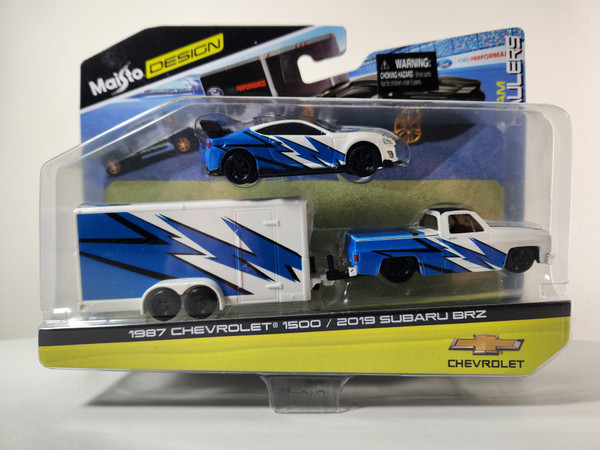 1:64 1987 Chevrolet 1500 with Trailer and 2019 Subaru BRZ Blue and White, Team Haulers by Maisto