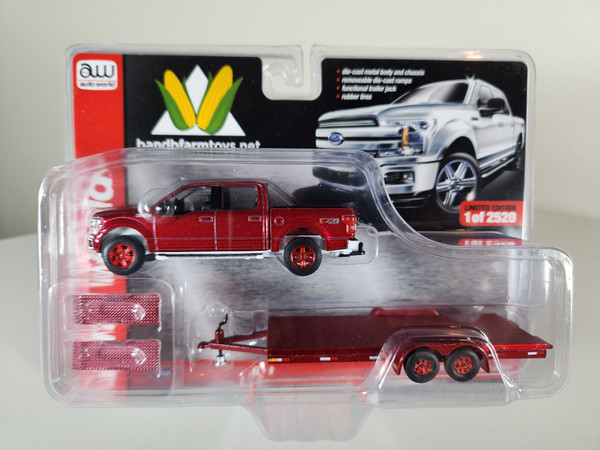 1:64 2019 Ford F-150 with Trailer,  Cherry Red, B&B Farm Toys Exclusive Chase Edition by Auto World