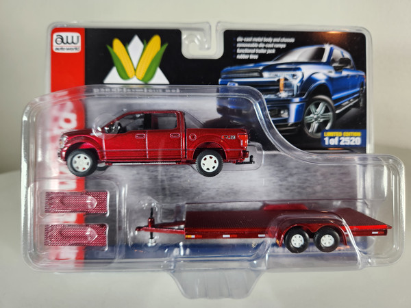 1:64 2019 Ford F-150 with Trailer, Red, B&B Farm Toys Exclusive Chase Edition by Auto World