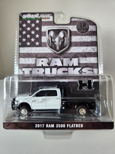 1:64 2017 Ram 3500 Dually, White with Black Flatbed, LP Diecast Garage Exclusive by GreenLight