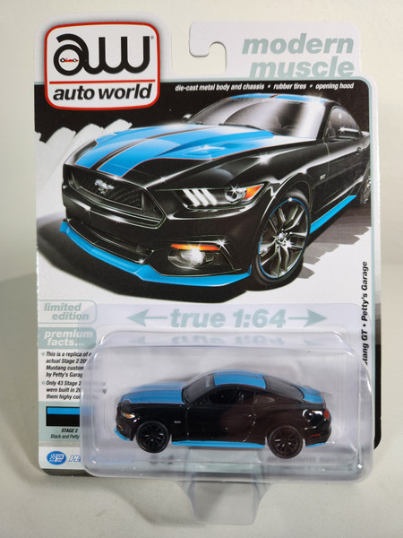 1:64 2015 Ford Mustang GT Petty's Garage, Black with Petty Blue Top by Auto World