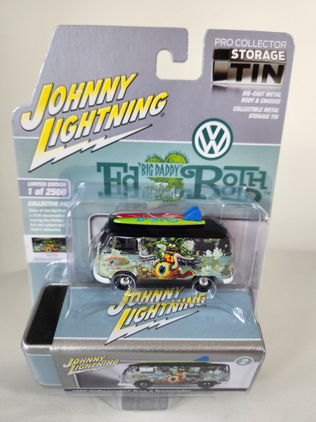 1:64 1965 Volkswagen Type 2 Transporter, Rat Fink, Flat Black and Bahama Blue with Storage Tin by Johnny Lightning