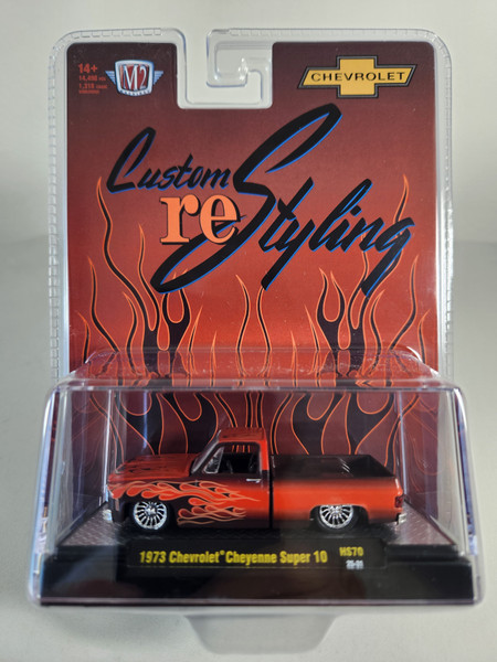 1:64 1973 Chevrolet Cheyenne Super 10 Custom reStyling, Lowered Square Body, Dull Red with Flames by M2