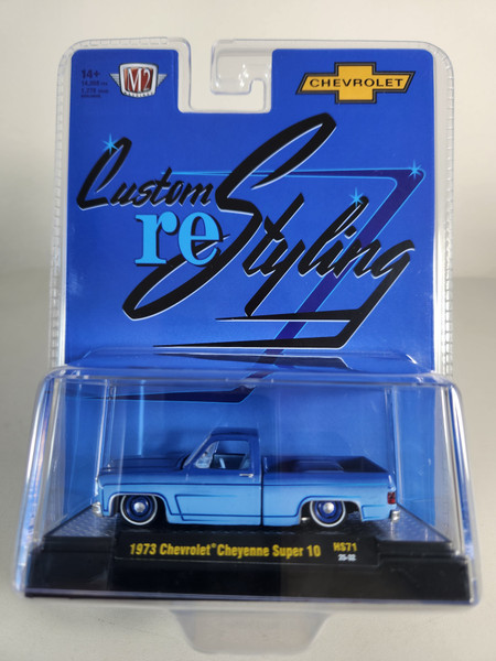 1:64 1973 Chevrolet Cheyenne Super 10 Custom reStyling, Lowered Square Body Two Tone Blue by M2