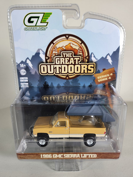 1:64 The Great Outdoors Series 4 - 1986 GMC Sierra Lifted - Desert Sand & Doeskin Tan with Modern Truck