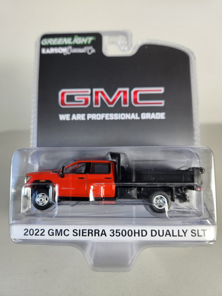 1:64 2022 GMC Sierra 3500HD Dually SLT Cardinal Red with Black Dump Bed, Karson Diecast Exclusive by GreenLight
