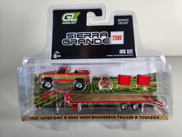 1:64 1987 Lifted Square Body GMC Sierra K-2500, 4x4 Red/Gold with Tool Box and Red Gooseneck Trailer, Midwest Diecast Exclusive by GreenLight