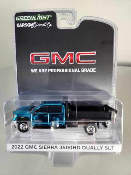 1:64 2022 GMC Sierra 3500HD SLT Blue Chrome Dually with Black Dump Bed, Karson Diecast Exclusive Chrome Chase by GreenLight