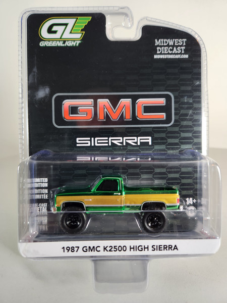 1:64 1987 GMC K2500 High Sierra 4x4 Square Body, Lifted, Green & Gold Chrome Chase Edition, Midwest Diecast Exclusive by GreenLight