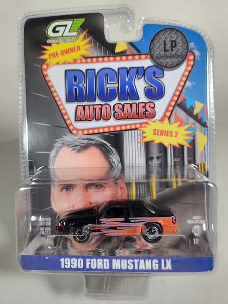 1:64 1990 Ford Fox Body Mustang LX, Black with Orange Graphics, Rick's Auto Sales Series 2, LP Diecast Garage Exclusive by GreenLight