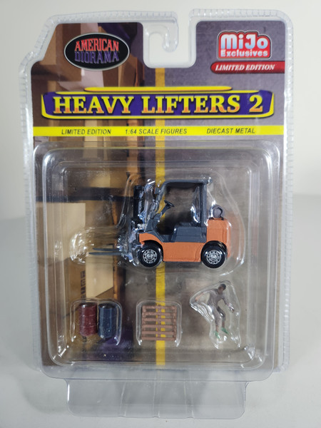 1:64 Heavy Lifters 2 Forklift, Driver Figure, Pallet Jack, and Oil Barrels Pallet Load, M&J Exclusive by American Diorama