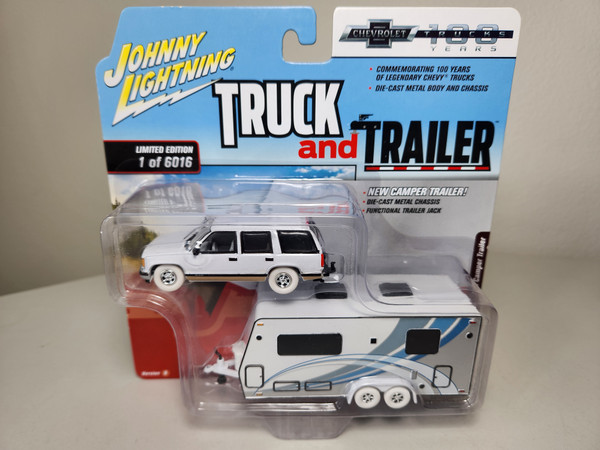 1:64 1997 Chevy Tahoe with Tandem Camper Trailer, White Lightning Chase Edition by Johnny Lightning
