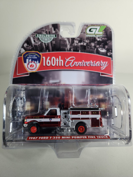 1:64 1987 Ford F-350 Mini Pumper Fire Truck – FDNY (The Official Fire Department City of New York) - 160th Anniversary Red Chrome Chase Edition (Hobby Exclusive)