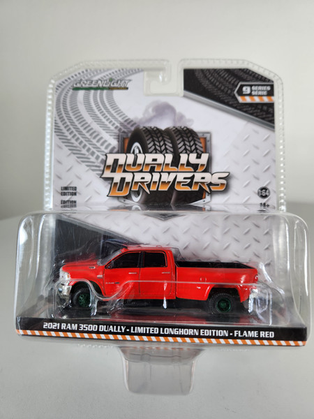 1:64 Dually Drivers Series 9 - 2021 Ram 3500 Dually - Limited Longhorn Edition - Flame Red Clear-Coat Green Machine