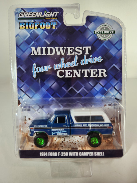 1:64 1974 Ford F-250 with Camper Shell - Midwest Four Wheel Drive Center (Hobby Exclusive) Green Machine