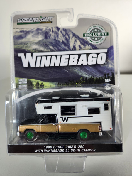 1:64 1990 Dodge Ram D-250 Royal SE with Winnebago Slide-In Camper - Black and Sand Metallic (Hobby Exclusive) Green Machine