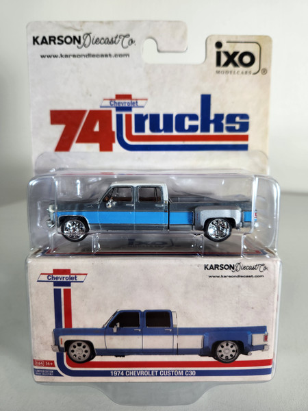 1:64 1974 Chevrolet Custom C30 Crew Cab Dually Lowered Deluxe Two-Tone Raw & Blue Chase Edition, Karson Diecast Exclusive by IXO