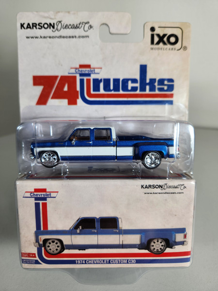 1:64 1974 Chevrolet Custom C30 Crew Cab Dually Lowered Deluxe Two-Tone Catalina Blue Metallic & Frost White, Karson Diecast Exclusive by IXO