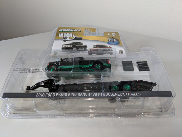 1:64 Hitch & Tow 2018 Ford F-350 King Ranch Dually PKUP-Shadow Black and Gooseneck Trailer Green Machine