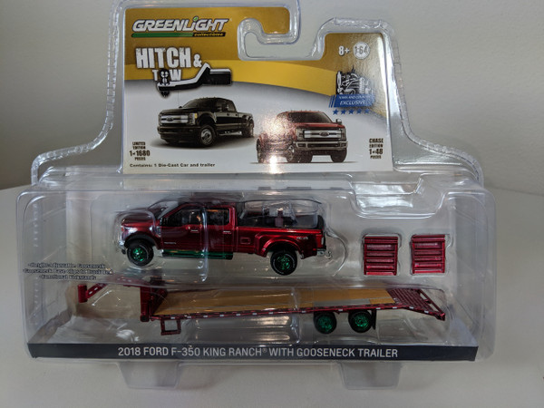 1:64 Hitch & Tow 2018 Ford F-350 King Ranch Dually PKUP-Ruby Red and Gooseneck Trailer Green Machine