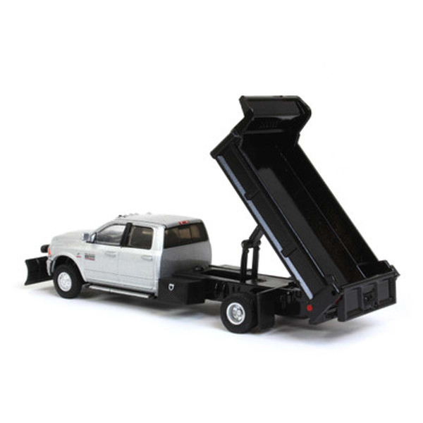 1:64 2018 Ram 3500 Laramie Dually, Silver With Black Dump Bed And Snow Plow, Outback Exclusive