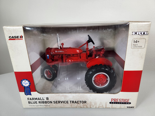 1:16 Farmall B Tractor with Blue Ribbon Service Logo, Narrow Front, Clam Shell Fenders, Prestige Edition